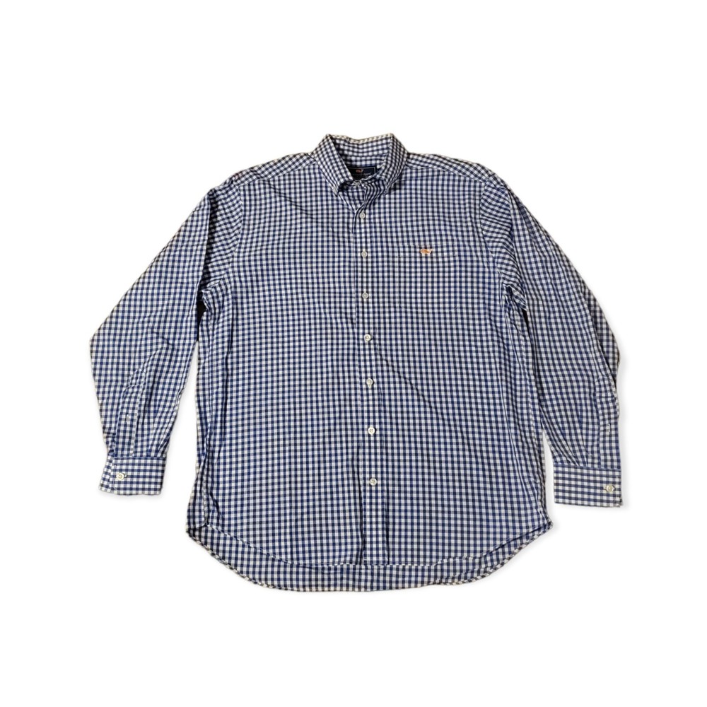 Vineyard Vines Tucker Shirt Blue White Check Orange Whale Button-Up Mens Large